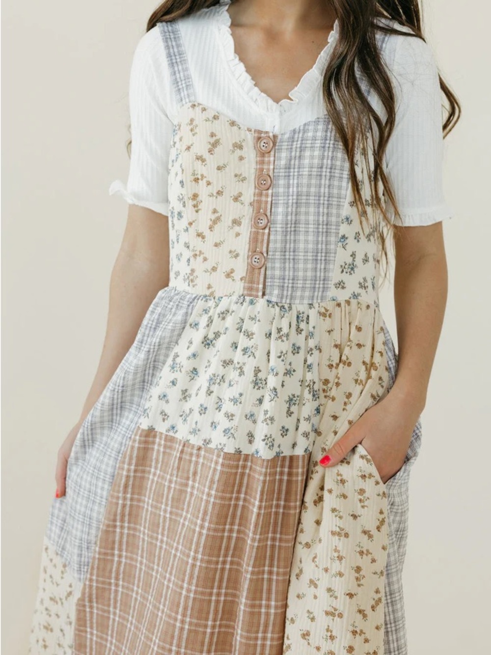 Love Olive Co Viral Patchwork Floral & Plaid Claire Pinafore Dress in Cream Blue